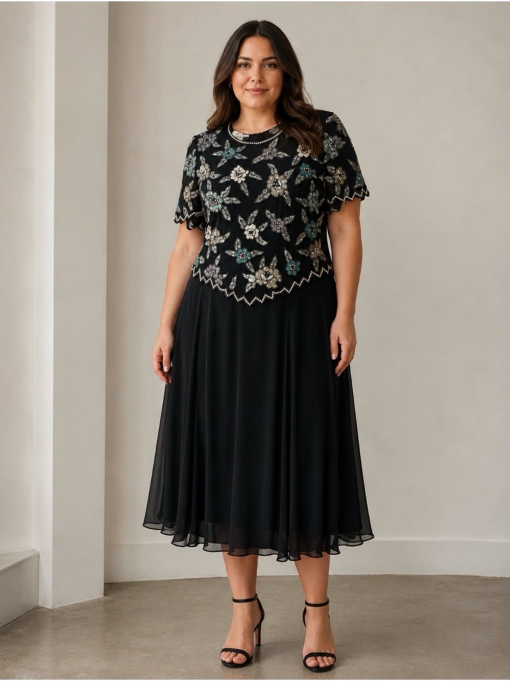 Laurence Kazar Vintage Beaded Sequin Floral Party Fodrmal Dress Black Size Large